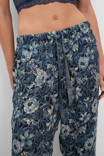 Navy Fanciful Flowers Printed Viscose Satin Pants, 5601_195K, large image number 4