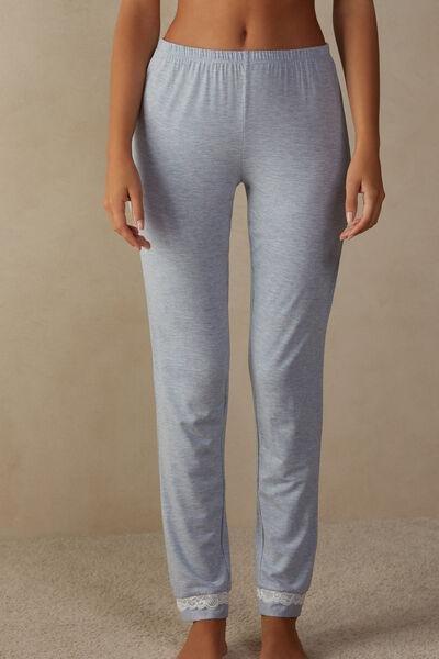 Blue Long Modal Trousers with Lace Details, , large image number 0