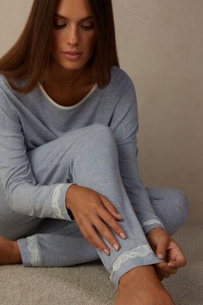 Blue Long Modal Trousers with Lace Details, , large image number 1