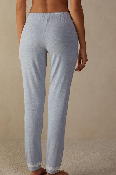 Blue Long Modal Trousers with Lace Details, , large image number 3