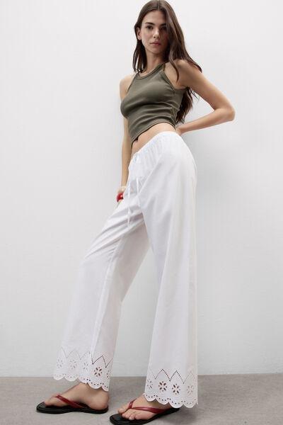 White Made With Love Cotton Broderie Pants, White, large image number 0