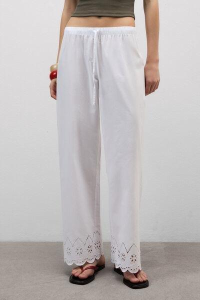 White Made With Love Cotton Broderie Pants, White, large image number 1