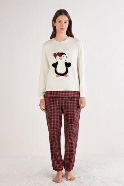 White Penguin Patch Cotton Pyjama Set, Powder White, large image number 0