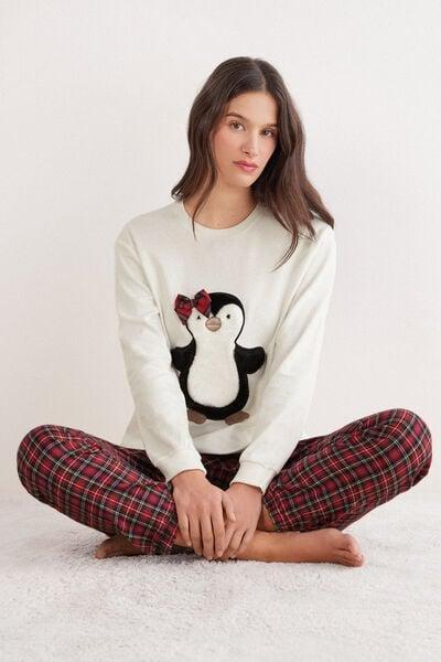 White Penguin Patch Cotton Pyjama Set, Powder White, large image number 1