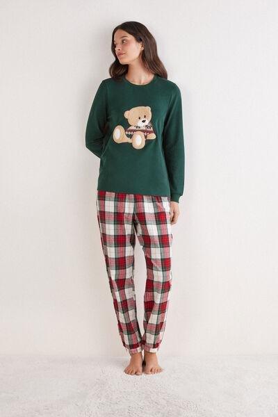 Green Teddy Patch Cotton Pyjama Set, 5601_448J, medium