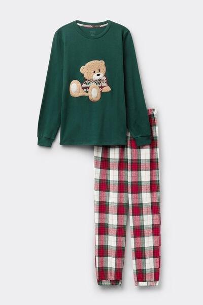 Green Teddy Patch Cotton Pyjama Set, 5601_448J, medium