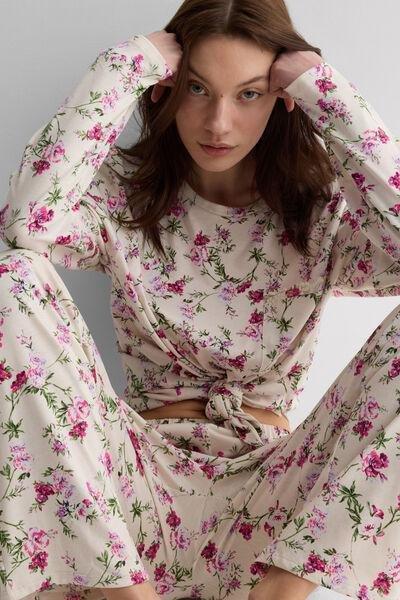 Cream Pretty Flowers Print Cotton Pyjama Set, 5601_057K, medium