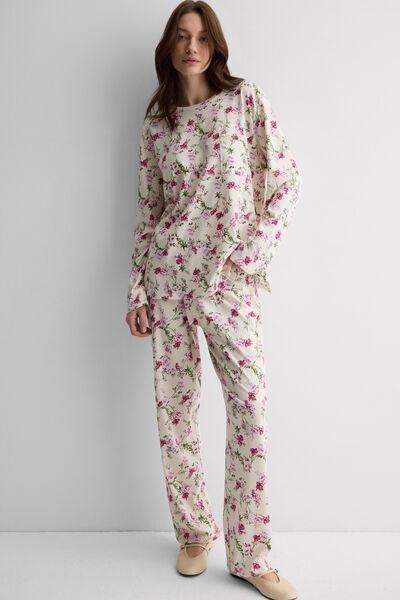 Cream Pretty Flowers Print Cotton Pyjama Set, 5601_057K, large image number 1