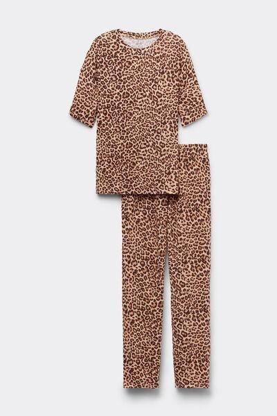 STAMPA LEOPARD Pretty Savage Fresh Bamboo Long Pyjamas with Short-Sleeved Top, , large image number 1