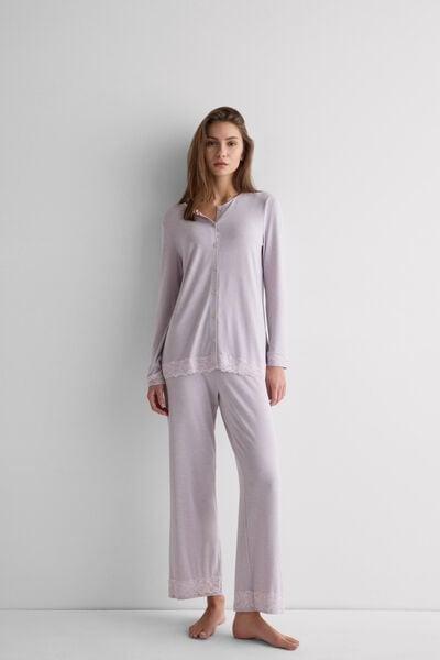 Lilac Long Button-Up Modal And Lace Pyjama Set, 5601_068K, large image number 1