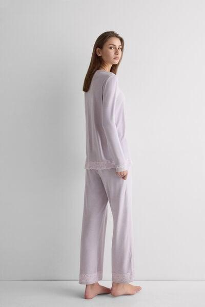 Lilac Long Button-Up Modal And Lace Pyjama Set, 5601_068K, large image number 2