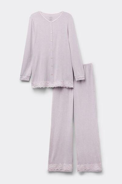 Lilac Long Button-Up Modal And Lace Pyjama Set, 5601_068K, large image number 3