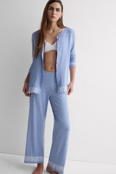 Blue Button-Up Modal And Lace Pyjama Set, 5601_069K, large image number 0