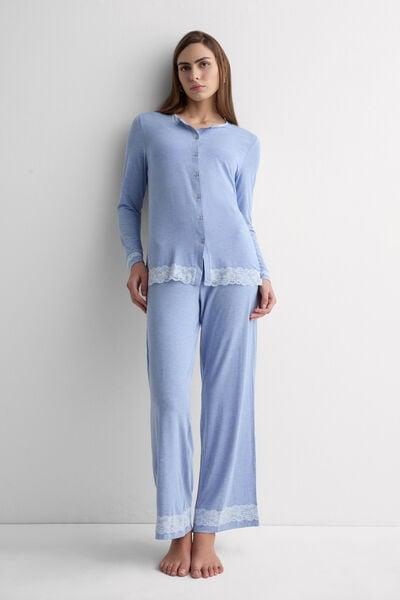 Blue Button-Up Modal And Lace Pyjama Set, 5601_069K, large image number 1