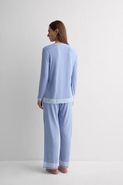 Blue Button-Up Modal And Lace Pyjama Set, 5601_069K, large image number 2