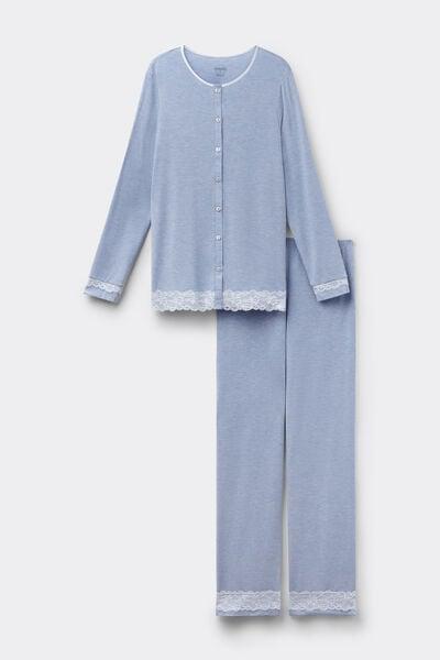 Blue Button-Up Modal And Lace Pyjama Set, 5601_069K, large image number 3