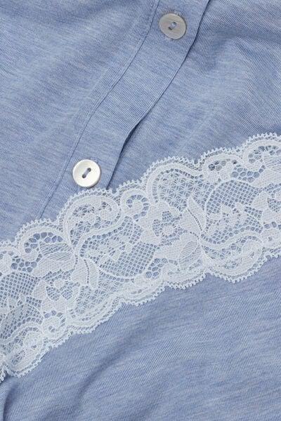 Blue Button-Up Modal And Lace Pyjama Set, 5601_069K, large image number 4