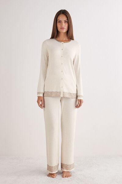 Beige Long Button-Up Lace Pyjama Set, , large image number 0