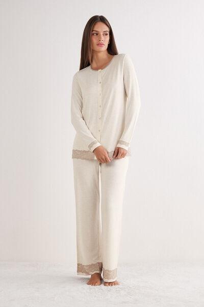 Beige Long Button-Up Lace Pyjama Set, , large image number 1