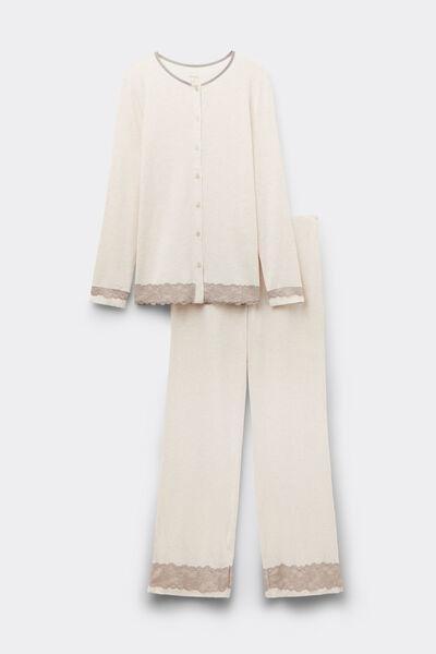 Beige Long Button-Up Lace Pyjama Set, , large image number 2