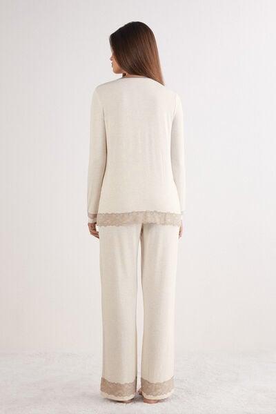 Beige Long Button-Up Lace Pyjama Set, 5601_948J, large image number 2