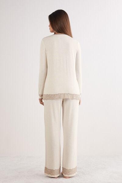 Beige Long Button-Up Lace Pyjama Set, , large image number 3