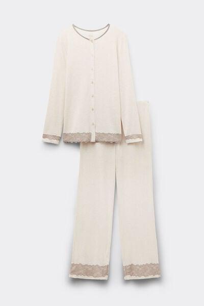 Beige Long Button-Up Lace Pyjama Set, 5601_948J, large image number 3