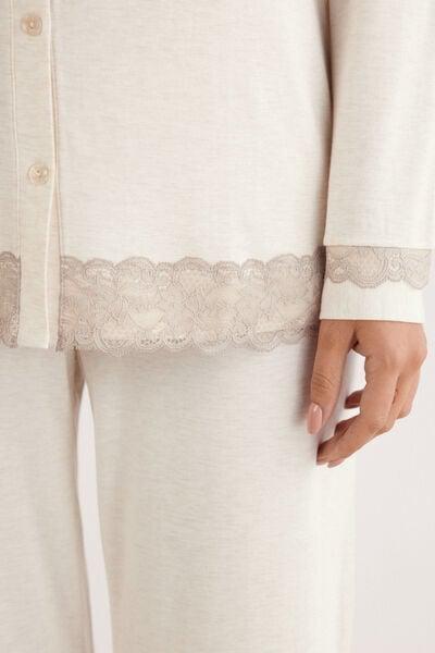 Beige Long Button-Up Lace Pyjama Set, 5601_948J, large image number 5