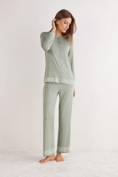 Green Long Button-Up Lace Pyjama Set, 5601_949J, medium