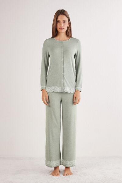 Green Long Button-Up Lace Pyjama Set, 5601_949J, medium