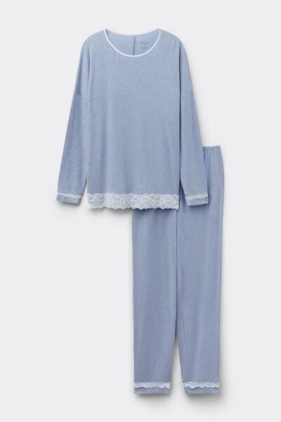 Blue Long Modal And Lace Pyjama Set, 5601_069K, large image number 0