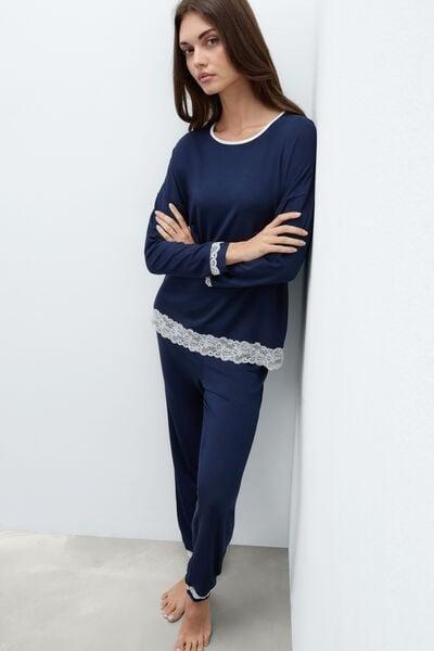 Navy Long Modal And Lace Pyjama Set, Intense Blue, medium