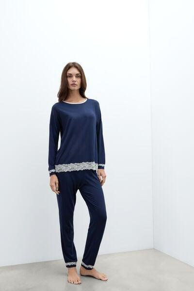 Navy Long Modal And Lace Pyjama Set, Intense Blue, medium
