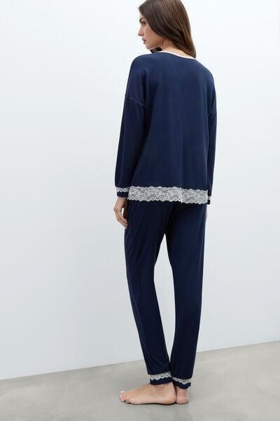 Navy Long Modal And Lace Pyjama Set, Intense Blue, large image number 2
