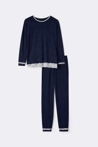 Navy Long Modal And Lace Pyjama Set, Intense Blue, large image number 3
