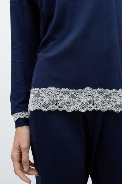 Navy Long Modal And Lace Pyjama Set, Intense Blue, large image number 4