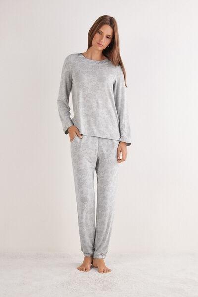 Grey Soft Dreams Devore Pattern Long Pyjama Set, , large image number 1