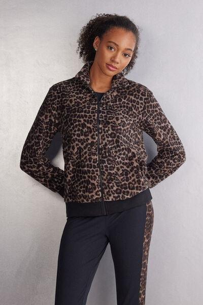Brown Animal Print Fleece Bomber Jacket, 5601_769J, large image number 1