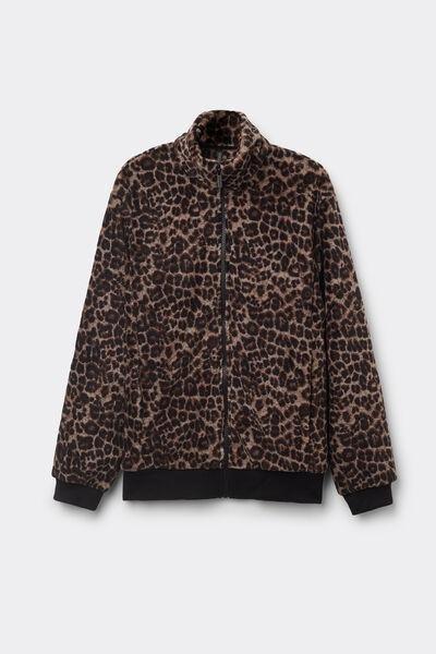 Brown Animal Print Fleece Bomber Jacket, 5601_769J, large image number 2