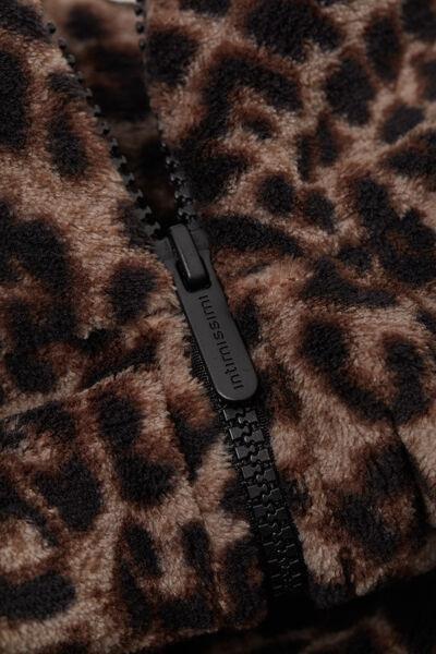 Brown Animal Print Fleece Bomber Jacket, 5601_769J, large image number 4