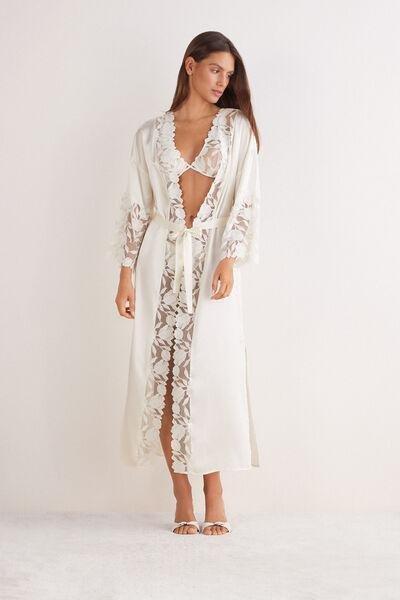 POWDER WHITE All About Flowers Long Silk Dressing Gown, , large image number 1