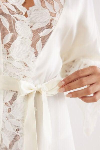 White All About Flowers Long Silk Dressing Gown, Powder White, large image number 5