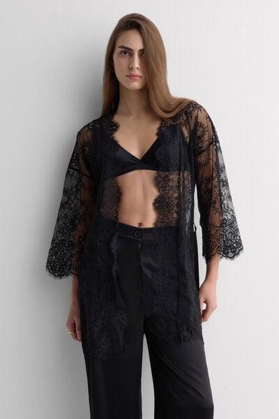 Black Elegance Embodied Lace Dressing Gown, Black, large image number 1
