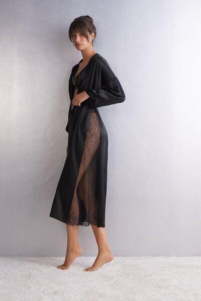 Black Long Dressing Gown, Black, medium