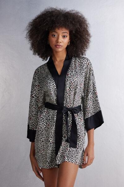 Black Viscose Satin Kimono, , large