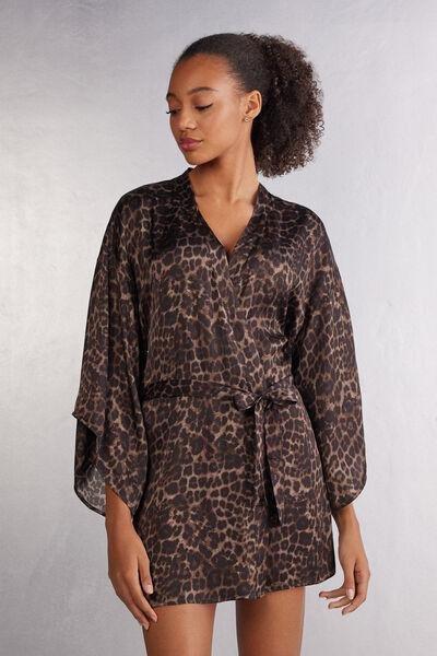 Multicolour Luxurious Leopard Viscose Satin Kimono, , medium