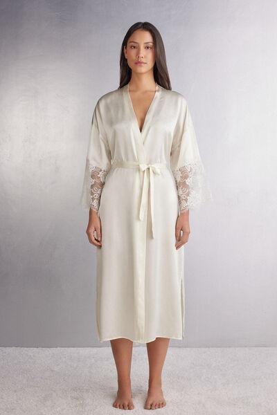 White Long Silk Dressing Gown, Powder White, large image number 0