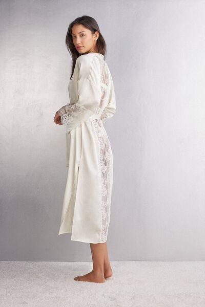 White Long Silk Dressing Gown, Powder White, large image number 1