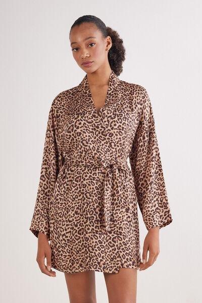 Brown Animal Print Pretty Savage Satin Kimono, , medium