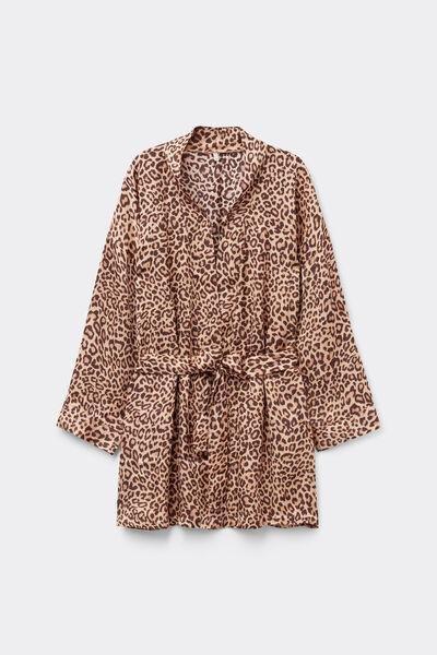 Brown Animal Print Pretty Savage Satin Kimono, , large image number 1